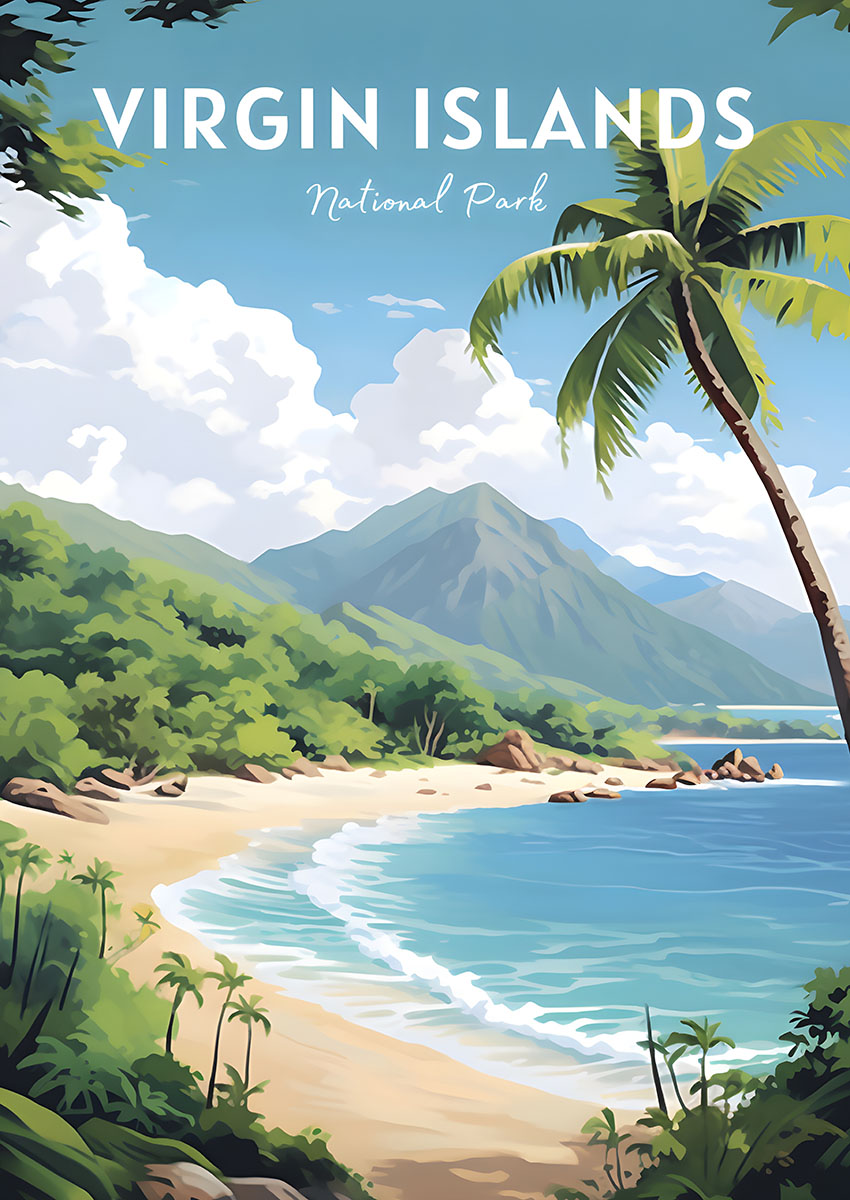 Vibrant artwork depicting the beauty of Virgin Islands National Park with lush greenery and clear blue waters.
